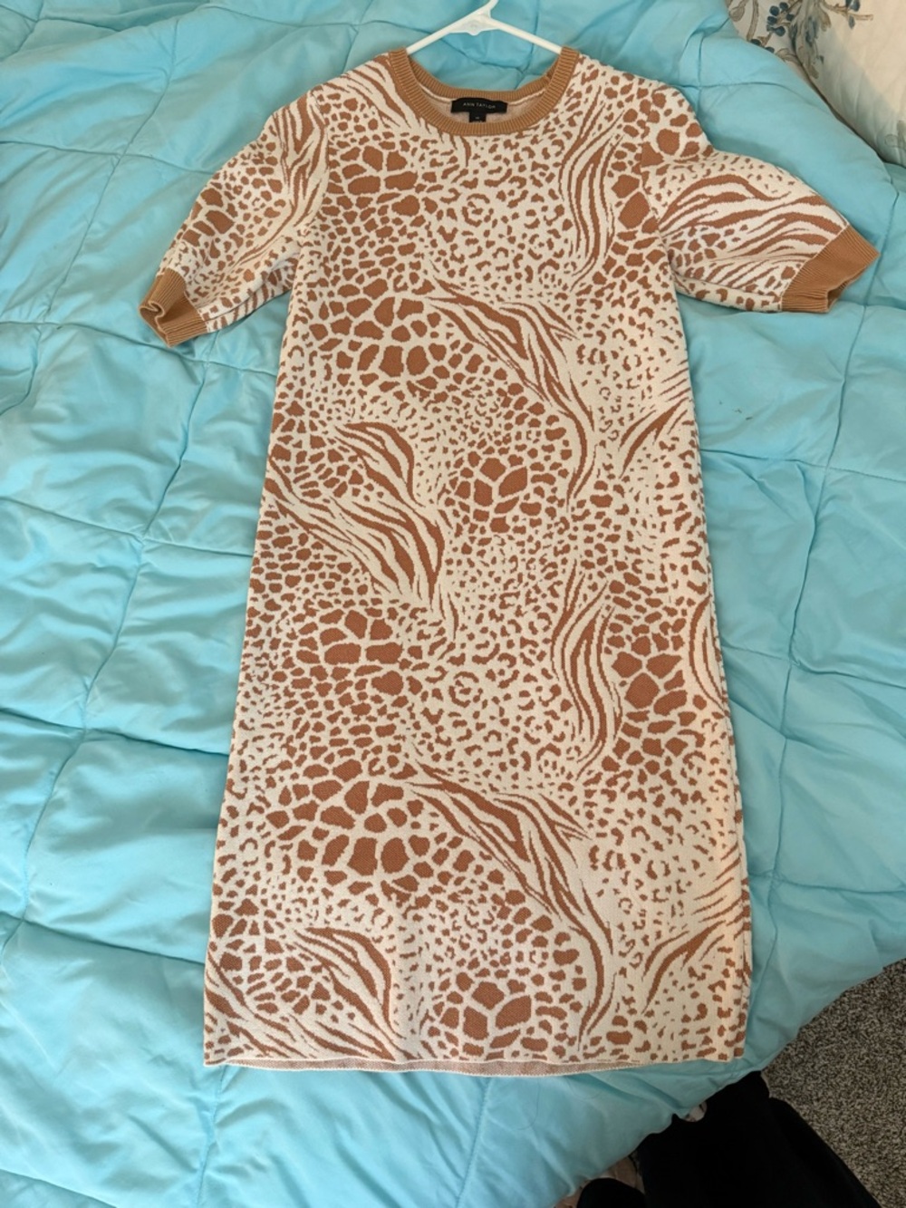 Ann Taylor Cream and Tan Animal Print Knit Mini Dress